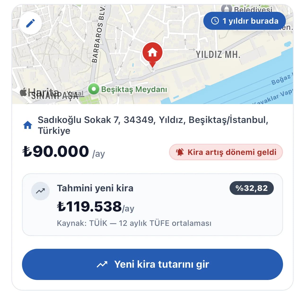 EvSkor uygulamasında kira artış hesaplayıcı ekranı